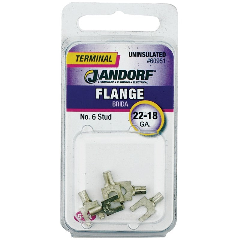 Jandorf 60951 Spade Terminal, 22 to 18 AWG Wire, #6 Stud, Copper Contact