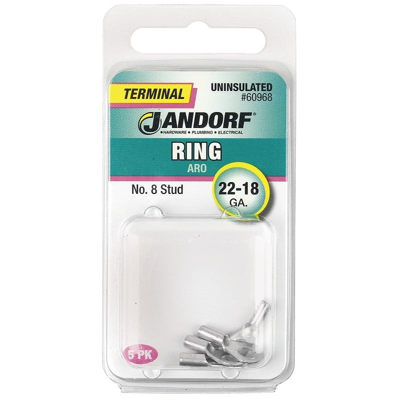 Jandorf 60968 Ring Terminal, 22 to 18 AWG Wire, #8 Stud, Copper Contact