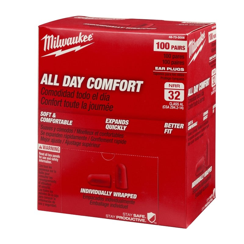Milwaukee 48-73-3006 Ear Plugs, 32 dB NRR, Tapered, Foam Ear Plug, Red Ear Plug, 100/PK