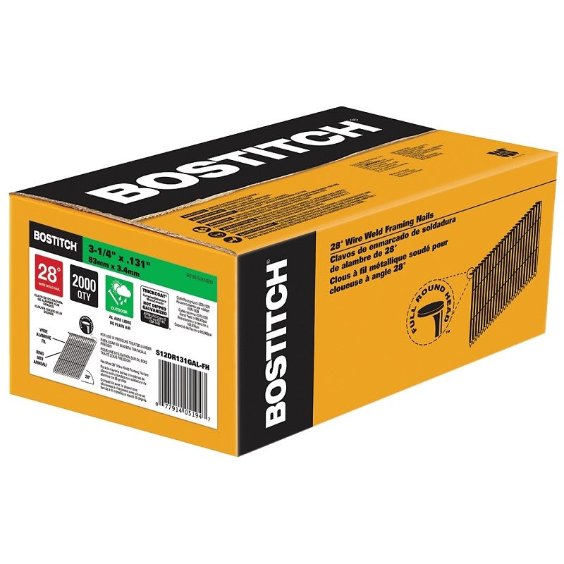 Bostitch S Series Series S12DR131GAL-FH Framing Nail, 3-1/4 in L, Hot Dipped Galvanized, Full Round Head, Ring Shank