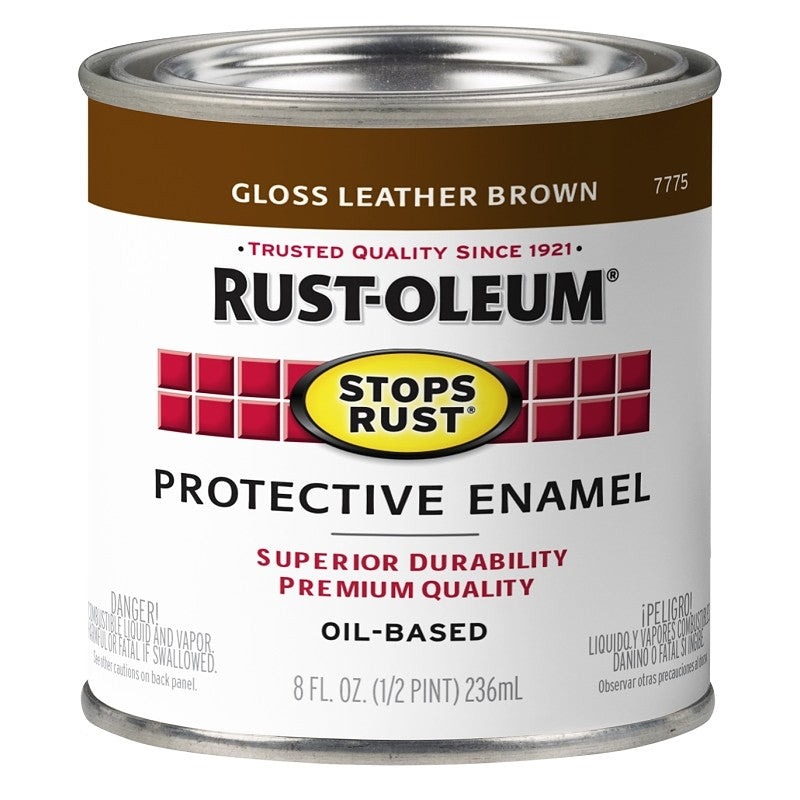 Rust-Oleum Stops Rust 7775730 Enamel Paint, Oil, Gloss, Leather Brown, 0.5 pt, Can, 50 to 90 sq-ft/qt Coverage Area