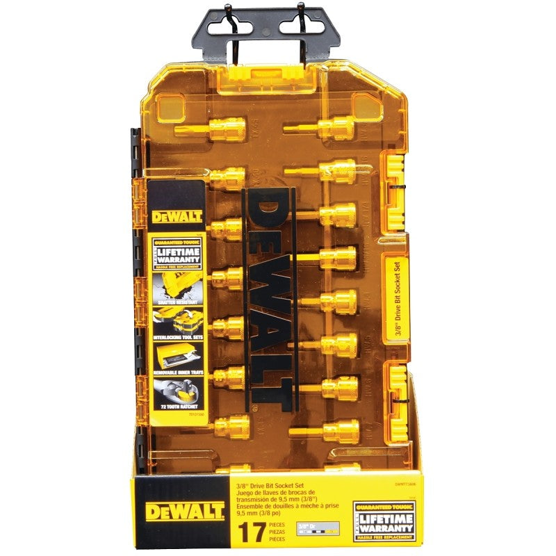 DEWALT DWMT73806 Socket Set, 17-Piece, Chrome Vanadium, Polished Chrome Vanadium