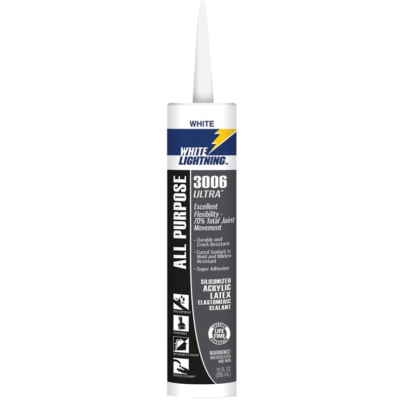 White Lightning W11000010 Siliconized Acrylic Latex Sealant, White, 5 to 7 days Curing, -30 to 180 deg F, 10 fl-oz (Pack of 12)