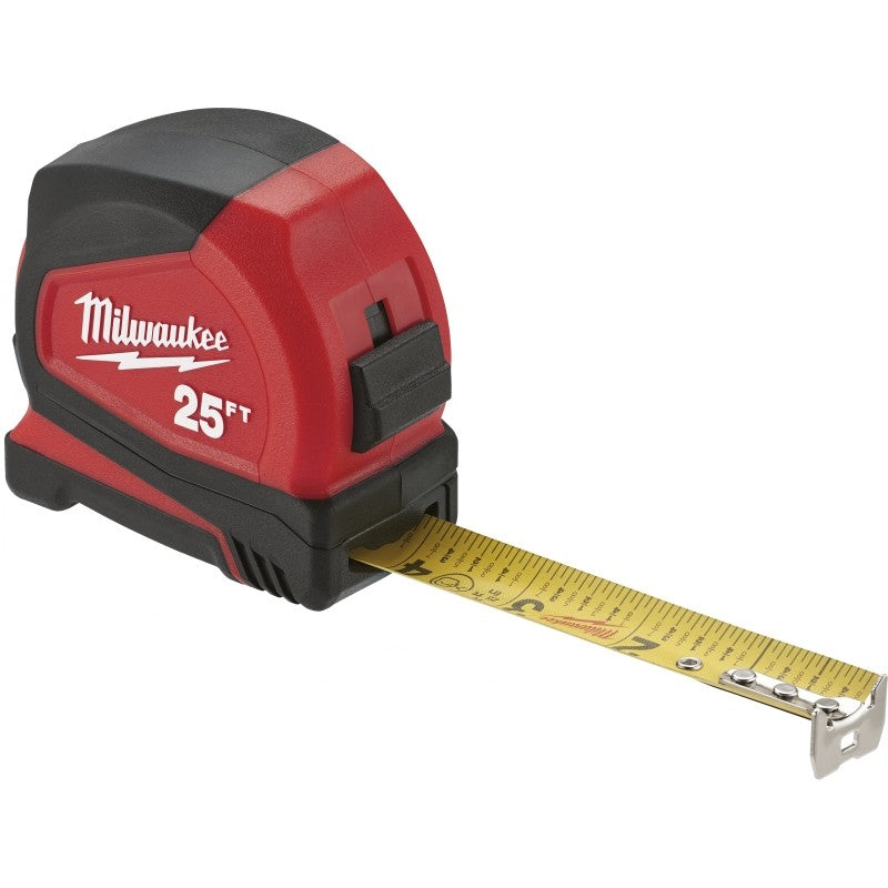 Milwaukee 48-22-1725 Compact Tape Measure, 25 ft L Blade, 1 in W Blade, Steel Blade, ABS Case, Black/Red Case