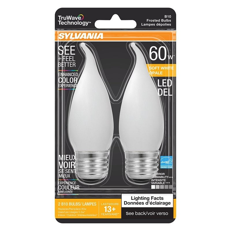 Sylvania 40783 Natural LED Bulb, Decorative, B10 Bent Tip Lamp, 60 W Equivalent, E26 Lamp Base, Dimmable, Frosted
