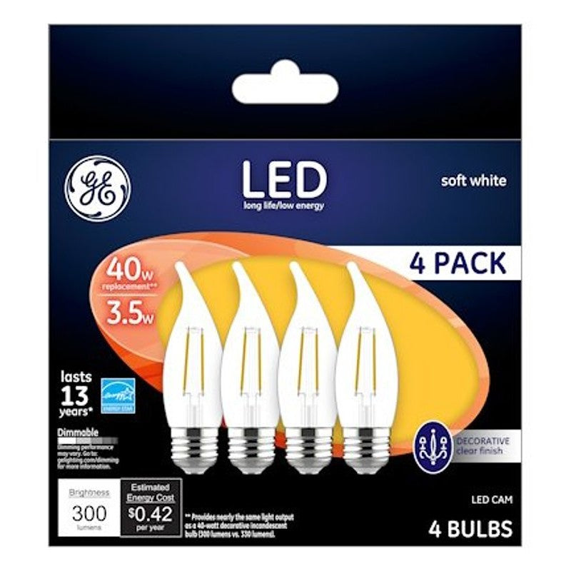 GE 92677 LED Bulb, 120 V, 300 Lumens, 4 W, CA Lamp, 40 W Equivalent, Dimmable, Soft White, 2700 K Color Temp