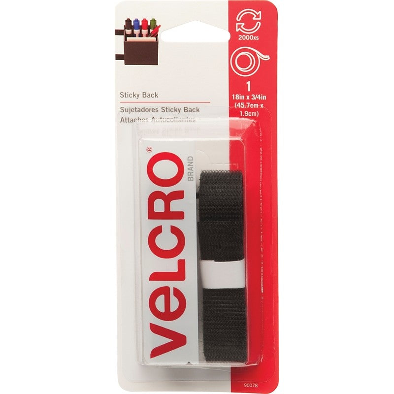 VELCRO Brand 90078 Fastener, 3/4 in W, 18 in L, Nylon, Black, Rubber Adhesive