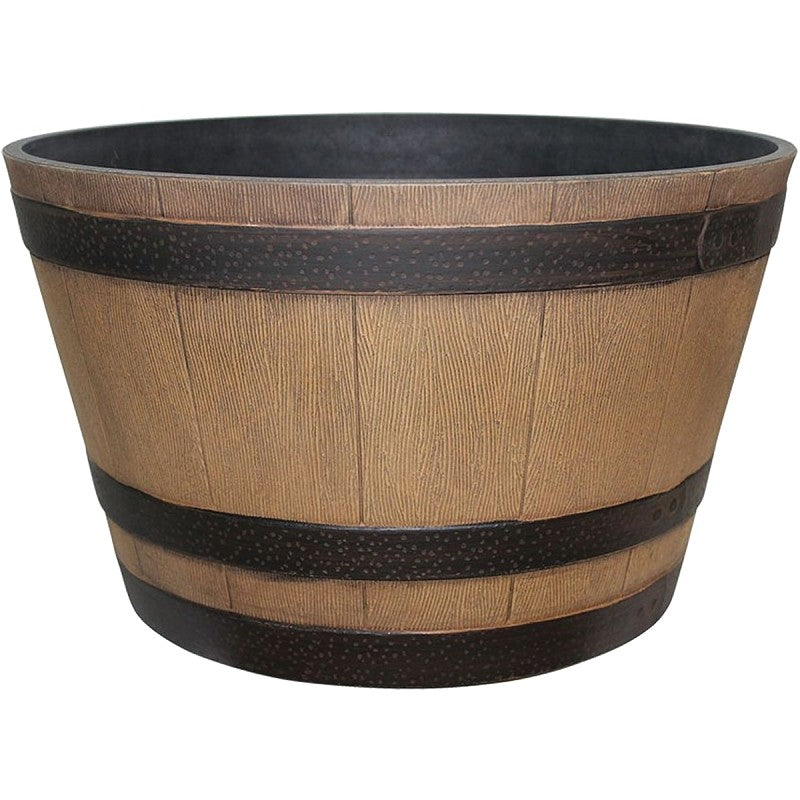 Southern Patio HDR-055440 Planter, 15.4 in H, 15.4 in W, 9.1 in D, Round, Whiskey Barrel Design, Plastic, Natural Oak