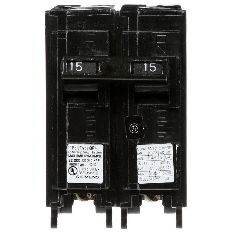 Siemens Q215 Circuit Breaker, 15 A, 2 -Pole, 120/240 V, Plug Mounting