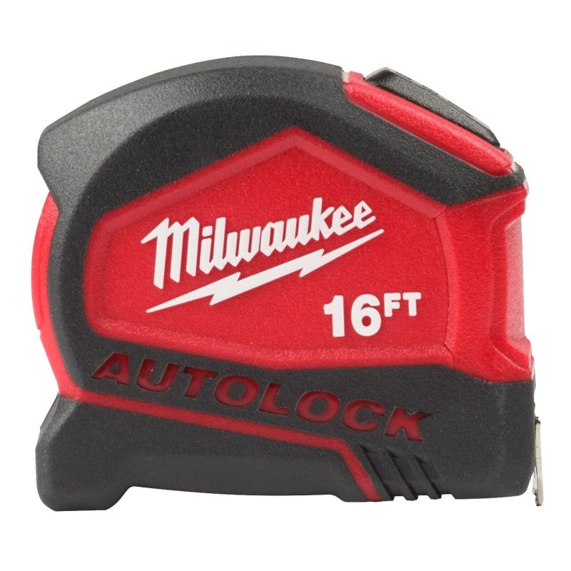 Milwaukee 48-22-1816 Auto-Lock Tape Measure, 16 ft L Blade, 1 in W Blade, Steel Blade, ABS Case, Black/Red Case
