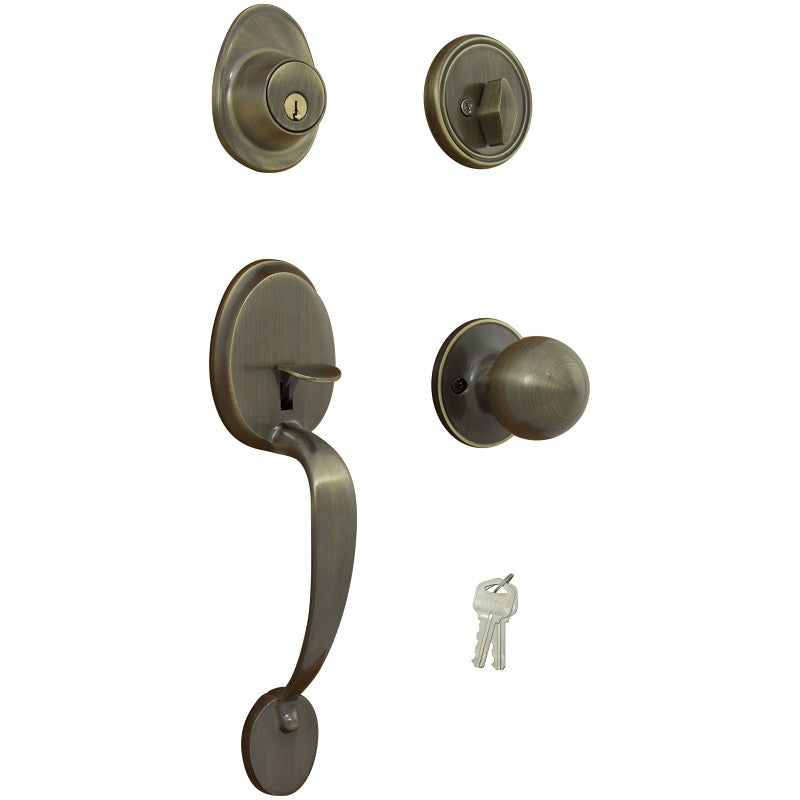 ProSource Handleset, 3 Grade, Keyed Key, Brass, Antique Brass, 2-3/8 x 2-3/4 in Backset, KW1 Keyway