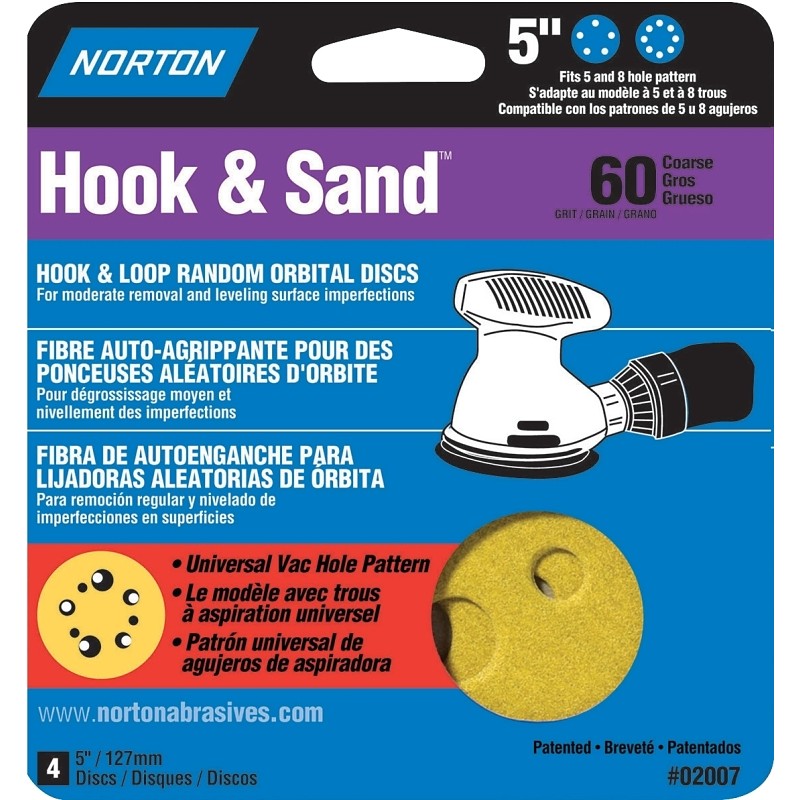 Norton 02007 Sanding Disc, 5 in Dia, Coated, P60 Grit, Coarse, Aluminum Oxide Abrasive, Universal Vacuum