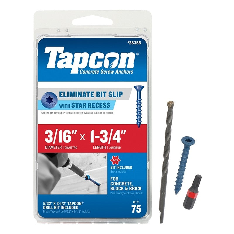 Tapcon 28355 Concrete Screw Anchor, T25 Screw, 3/16 in Dia, 1-3/4 in L, Steel, Climaseal, 75/PK