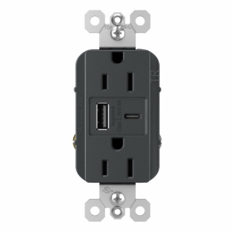Legrand radiant Series R26USBAC6GCC4 USB Type A/C Outlet, 2 -Pole, 15 A, 125 V, 2 -USB Port, USB-A, USB-C USB