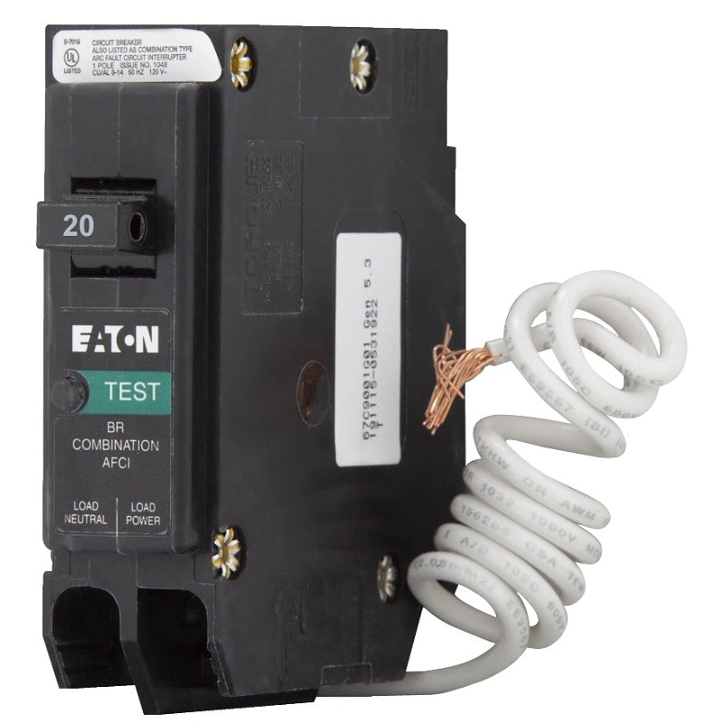 Eaton BRN120AF Circuit Breaker, Type BR, 20 A, 1-Pole, 120/240 V, Instantaneous, Long Time Trip, Pigtail