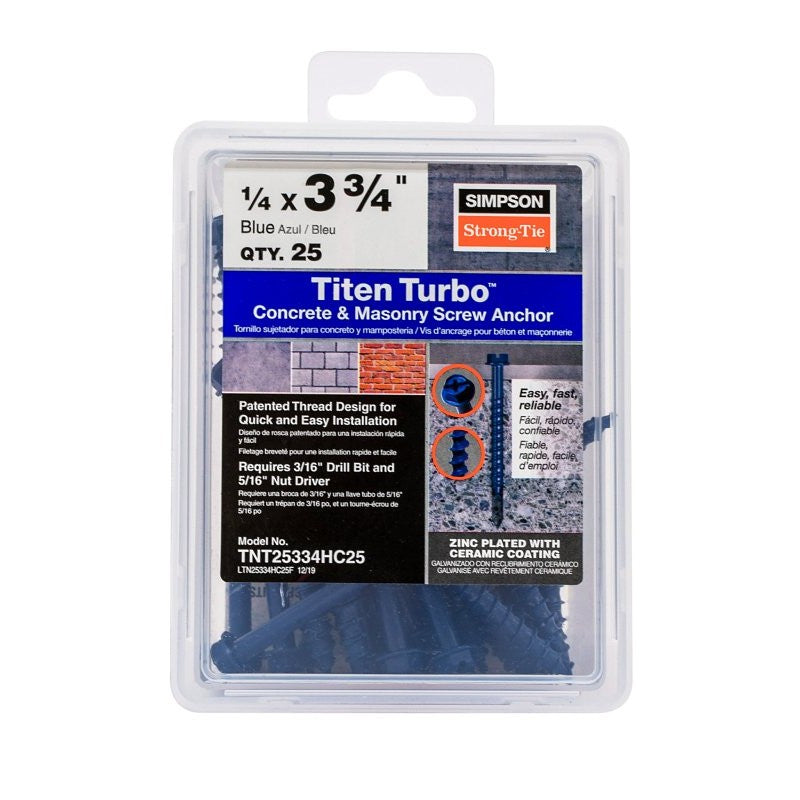 Simpson Strong-Tie Titen Turbo TNT25334HC25 Screw Anchor, 1/4 in Dia, 3-3/4 in L, Carbon Steel, Hex Head, 25/PK