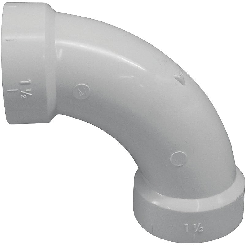 Canplas 192276 Long Sweep Pipe Elbow, 1-1/2 in, Hub, 90 deg Angle, PVC, White