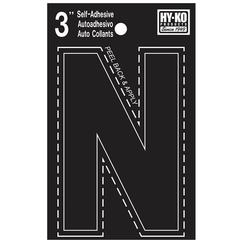 Hy-Ko 30400 Series 30424 Die-Cut Letter, Character: N, 3 in H Character, Black Character, Vinyl (Pack of 10)