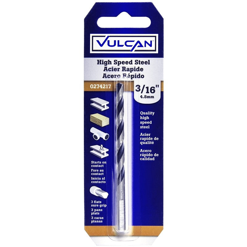 Vulcan 231081OR Jobber Drill Bit, 3/16 in Dia, 3-1/2 in OAL, 3-Flat Shank