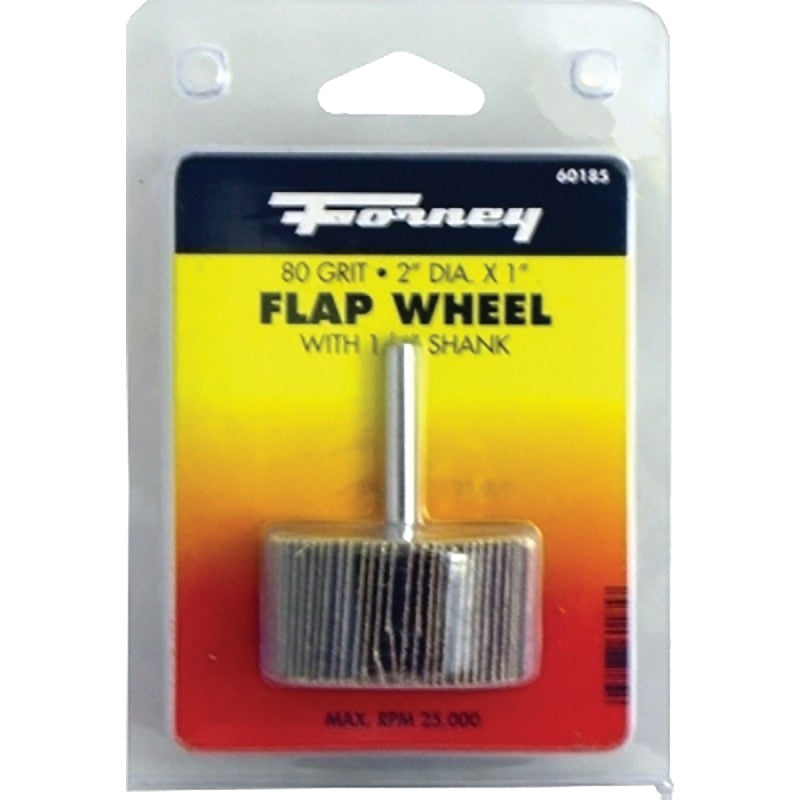 Forney 60185 Flap Wheel, Applicable Materials: Metal, Wood, 2 in Dia, 1 in Thick, 1/4 in Arbor, 80 Grit