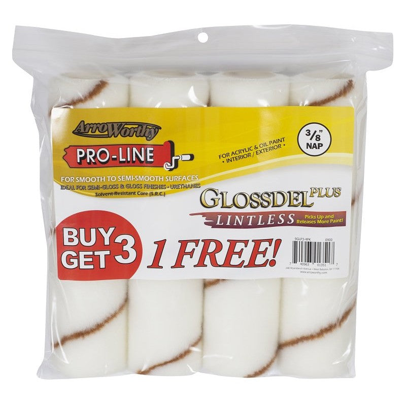 Arroworthy Glossdel Plus 9GLP3-4PK Roller Cover, 3/8 in Thick Nap, 9 in L, Synthetic Cover, White