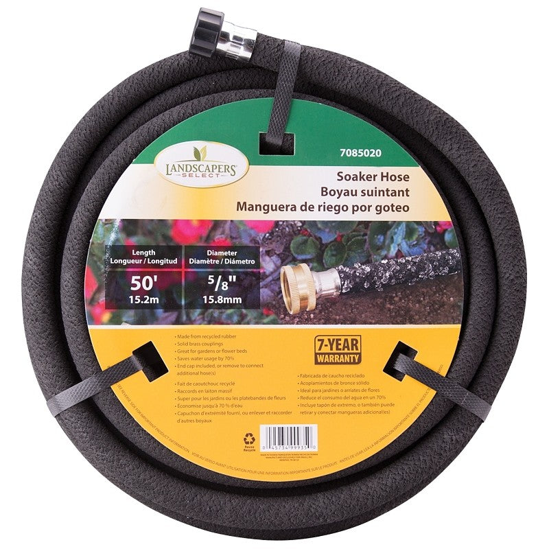 Landscapers Select HOSE-50-B-53L Soaker Hose, 50 ft L, Brass Male and Female Couplings, Rubber, Black