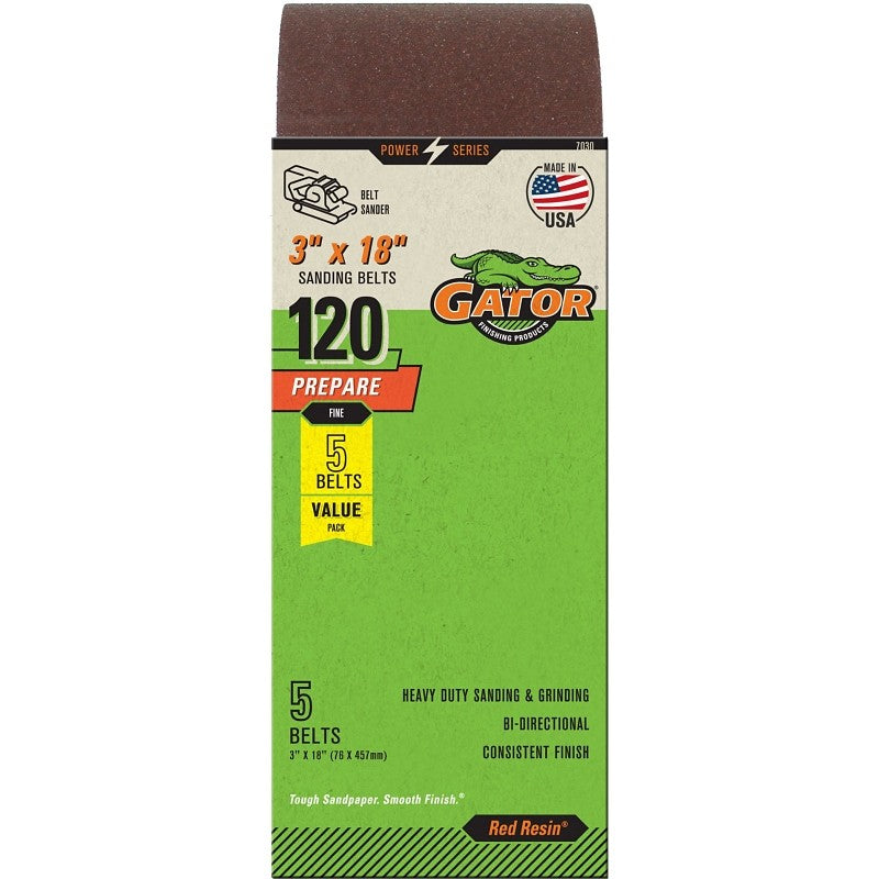 Gator 7030 Sanding Belt, 18 in L, 3 in W, 120 Grit, Fine, Aluminum Oxide Abrasive