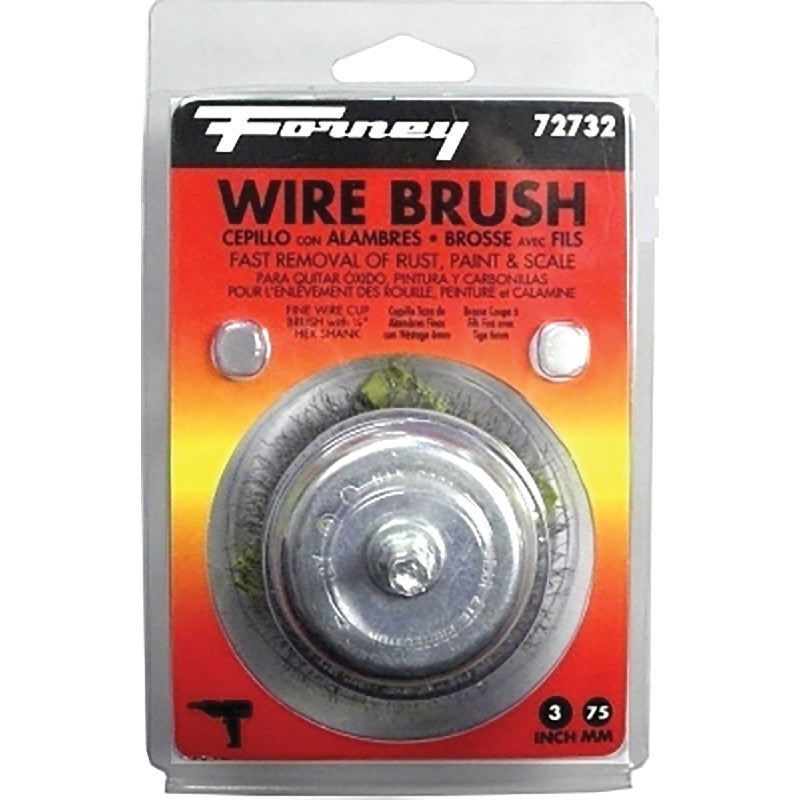 Forney 72732 Wire Cup Brush, 3 in Dia, 0.008 in Dia Bristle, Steel Bristle