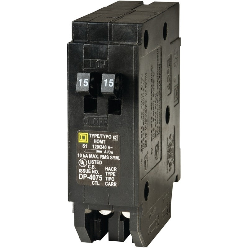 Square D Homeline HOMT1515CP Circuit Breaker, Mini, Tandem, 15 A, 1 -Pole, 120/240 V, Fixed Trip, Plug Mounting