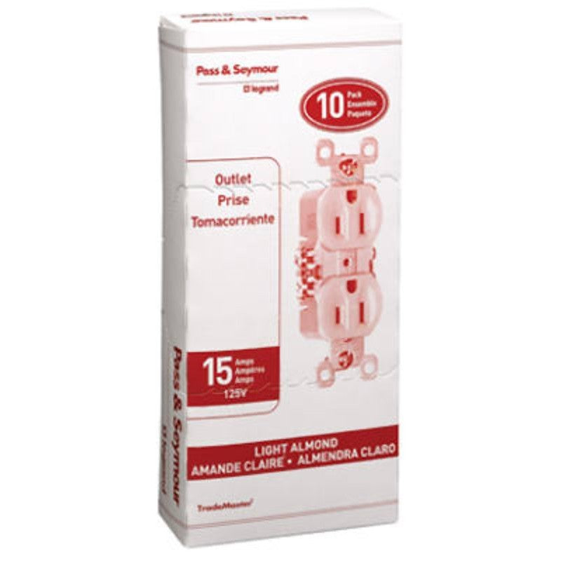 Pass & Seymour TradeMaster Series 3232LACP8 Duplex Receptacle, Thermoplastic, Light Almond, 2-Pole, 15 A, 3-Wire