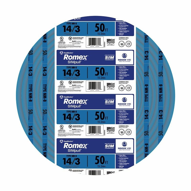 Romex 14/3NM-WGX50 Building Wire, 14 AWG Wire, 3-Conductor, 50 ft L, Copper Conductor, PVC Insulation, Nylon Sheath