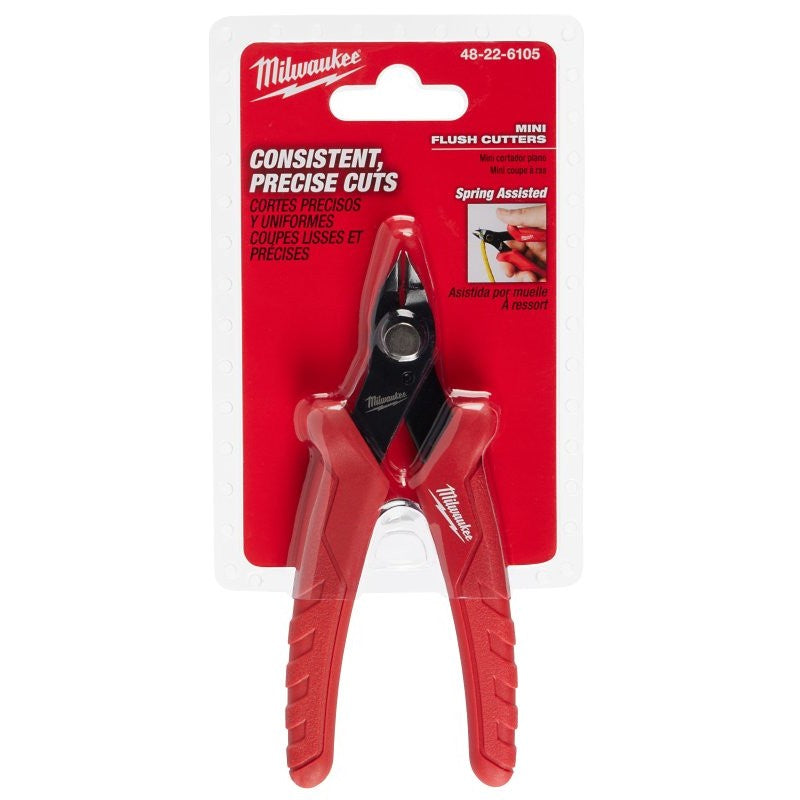 Milwaukee 48-22-6105 Mini Flush Cutter, 5 in OAL, Steel Jaw, Overmolded, Non-Insulated Handle, Red Handle