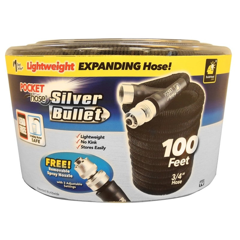 POCKET hose Silver Bullet 134906 Expanding Garden Hose, 3/4 in, 100 ft L, Plastic, Black