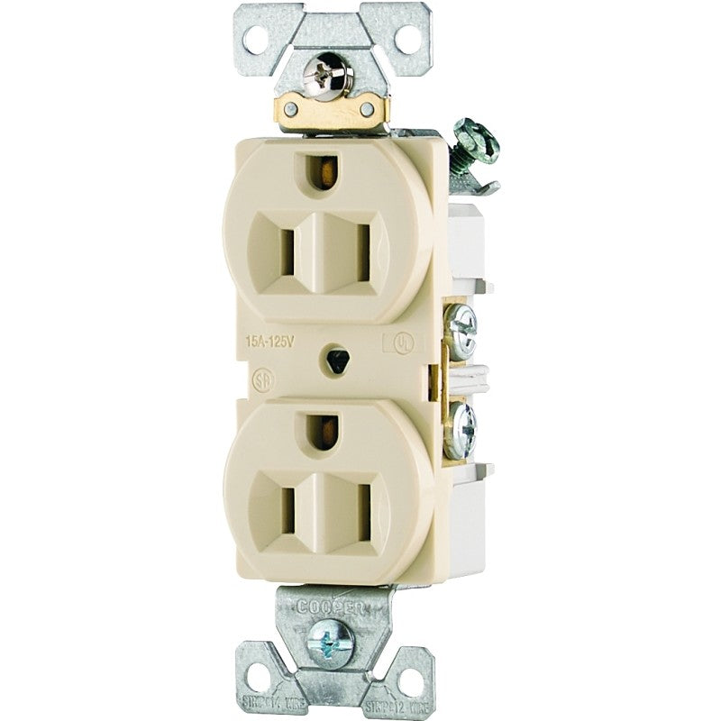 Eaton Wiring Devices CR15V Duplex Receptacle, PVC, Ivory, 2-Pole, 15 A, 125 V, Side Wiring, NEMA: 5-15R