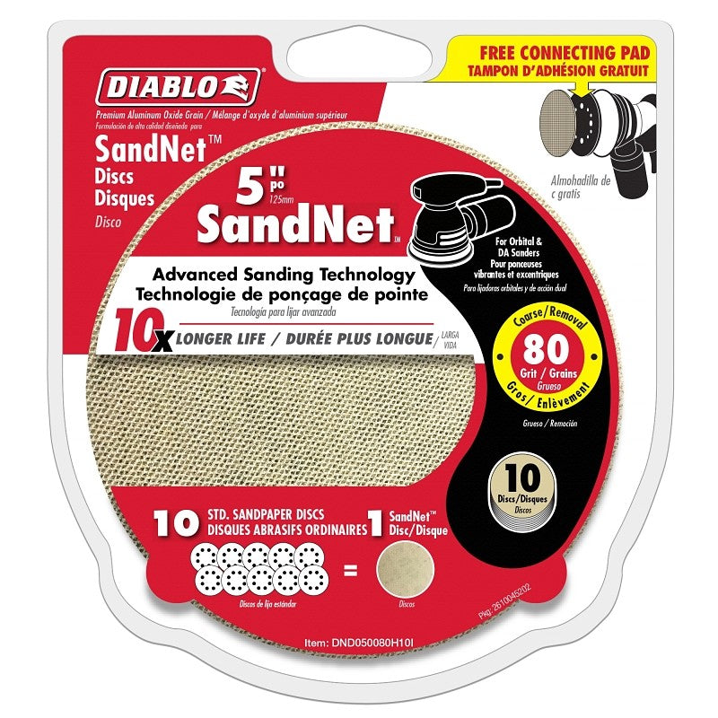 Diablo DND050080H10I Sanding Disc, 5 in Dia, 80 Grit, Coarse, Aluminum Oxide Abrasive, Universal, 10/PK