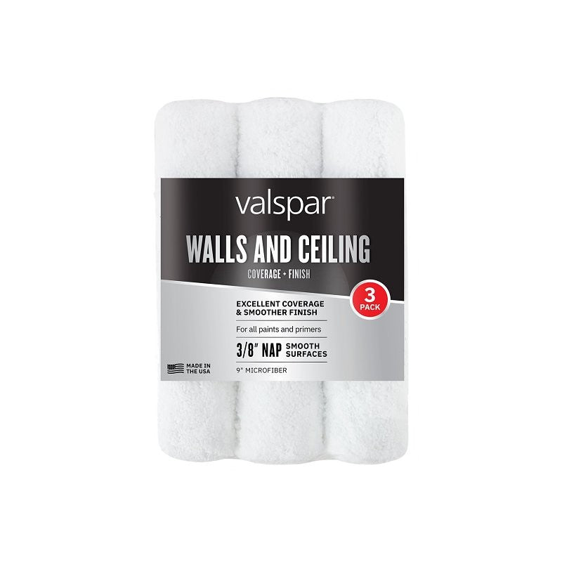 Valspar 888630930 Paint Roller Cover, 3/8 in Thick Nap, 9 in L, Microfiber Cover, 3/PK
