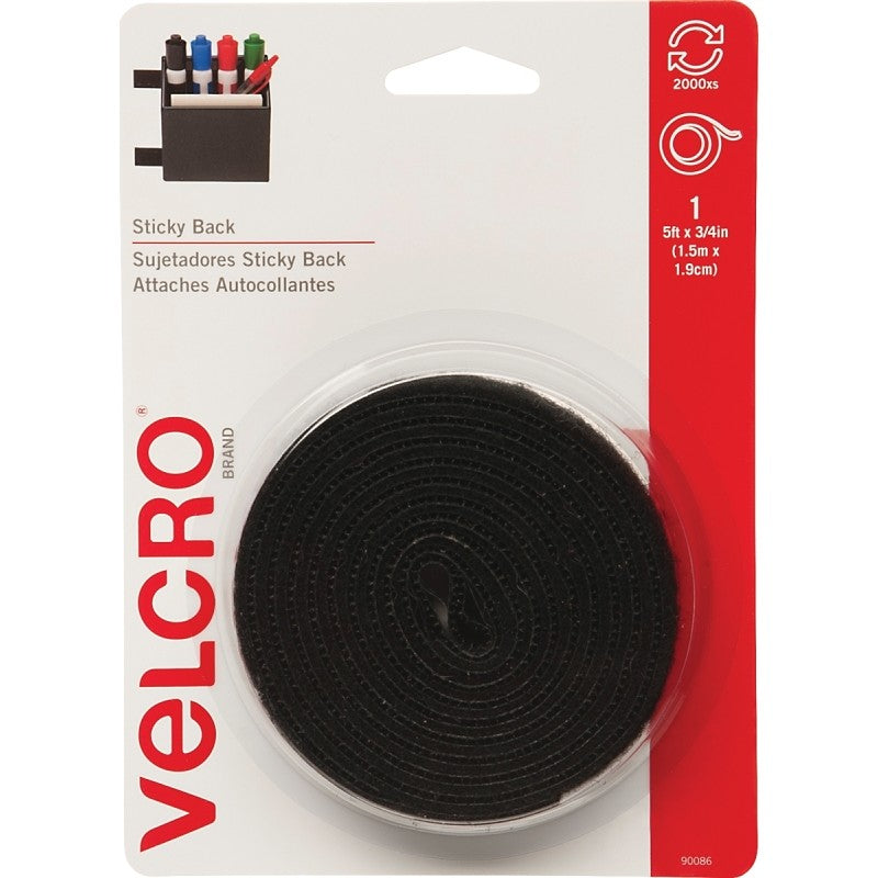 VELCRO Brand 90086 Fastener, 3/4 in W, 5 ft L, Nylon, Black, 5 lb, Rubber Adhesive