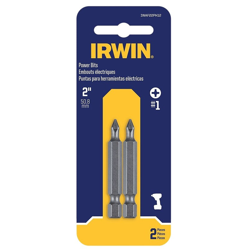 Irwin IWAF22PH12 Power Bit, #1 Drive, Phillips Drive, 1/4 in Shank, Hex Shank, 1-15/16 in L, Steel