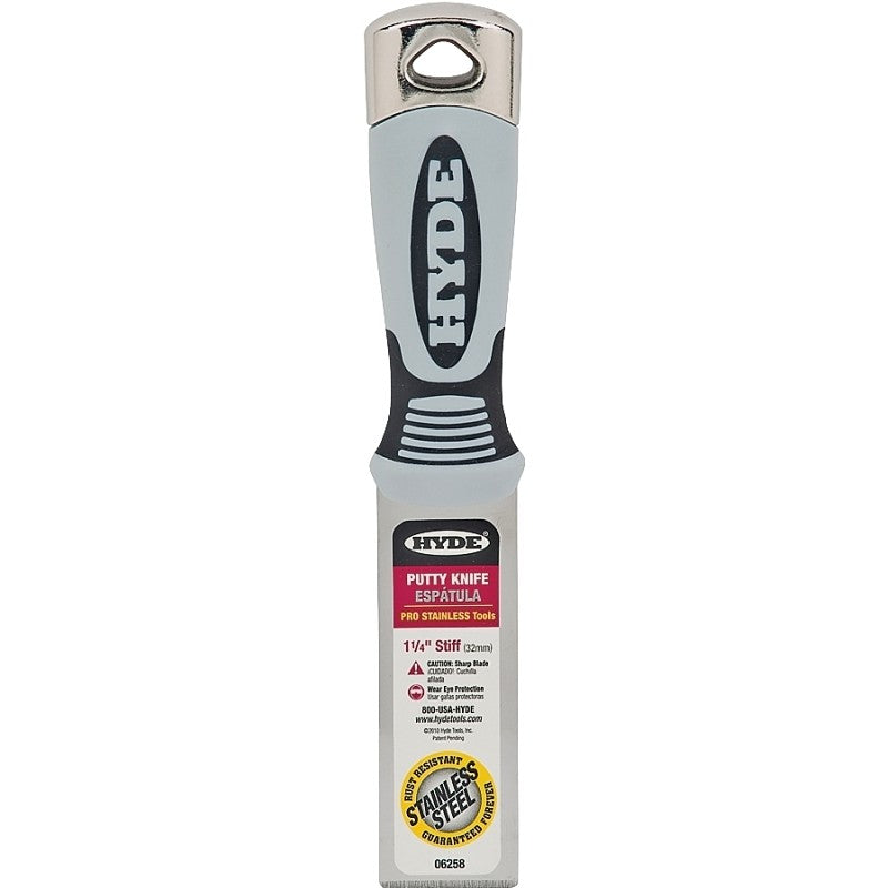 Hyde 06258 Putty Knife, 1-1/4 in W Blade, Stainless Steel Blade, Plastic Handle, Cushion-Grip Handle
