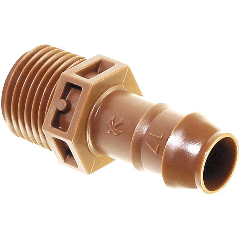 Rain Bird BA-050MPSX Drip Irrigation Adapter, 1/2 in Connection, Male x Barb, PVC, Brown