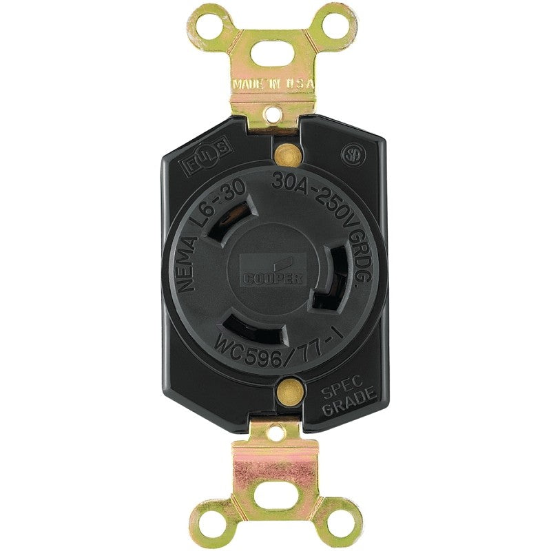Eaton Wiring Devices L630R Single Receptacle, 2 -Pole, 250 V, 30 A, Back and Side Wiring, NEMA: NEMA L6-30, Black