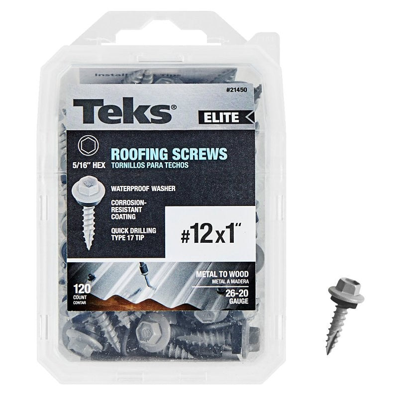 Teks Elite Series 21450 Roofing Screw, 1 in L, Coarse Thread, Washer Head, Hex Drive, Sharp Point, Steel, Zinc-Plated