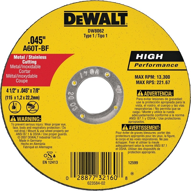 DEWALT DW8062 Cutting Wheel, 4-1/2 in Dia, 0.045 in Thick, 7/8 in Arbor, Very Fine, Aluminum Oxide Abrasive