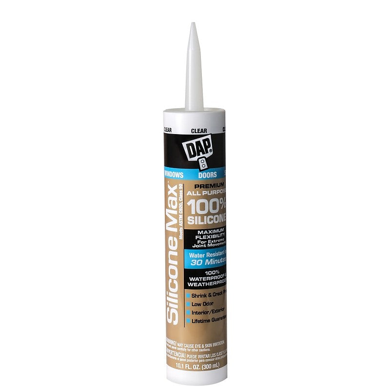 DAP SILICONE MAX 08791 Silicone Sealant, Clear, 24 hr Curing, -35 to 120 deg F, 10.1 fl-oz Cartridge/Tube
