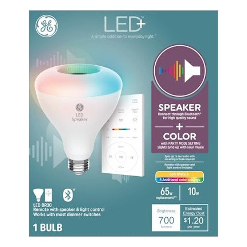 GE 93129778 Speaker Light Bulb with Remote, BR30 Bulb, 10 W, LED Bulb, 2700 K Color Temp, 700 Lumens