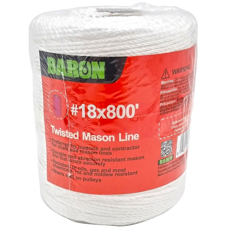 Baron 70817 Twisted Mason Line, #18 Dia, 800 ft L, 13 lb Working Load, Polyester, White
