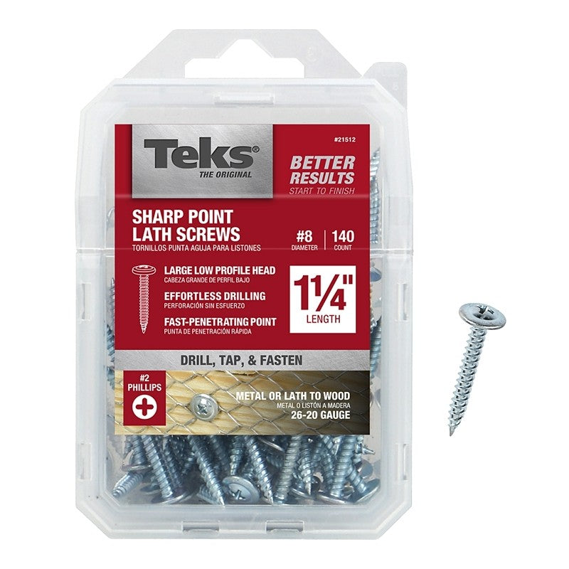 Teks 21512 Lath Screw, #8 Thread, Truss Head, Phillips Drive, Sharp Point, Steel, Zinc, 140 PK