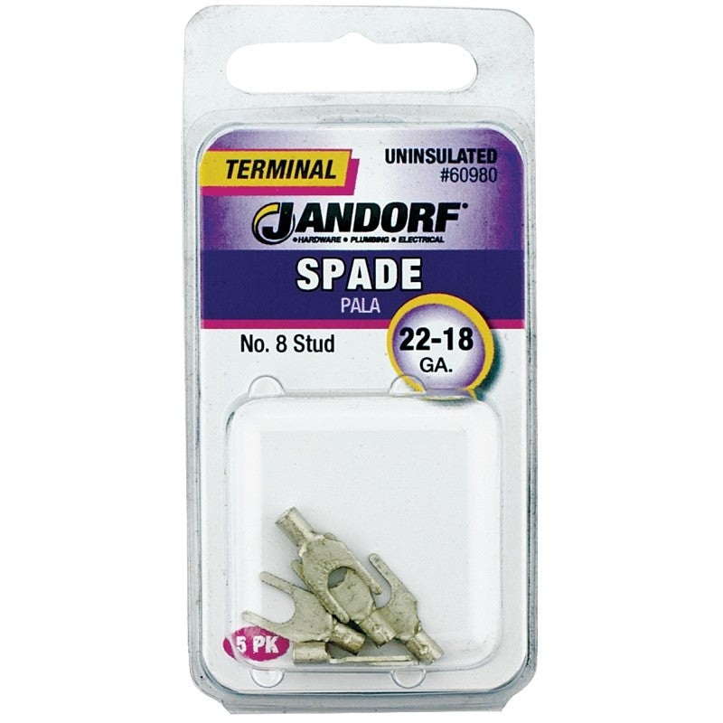 Jandorf 60980 Spade Terminal, 600 V, 22 to 18 AWG Wire, #8 Stud, Copper Contact, 5/PK
