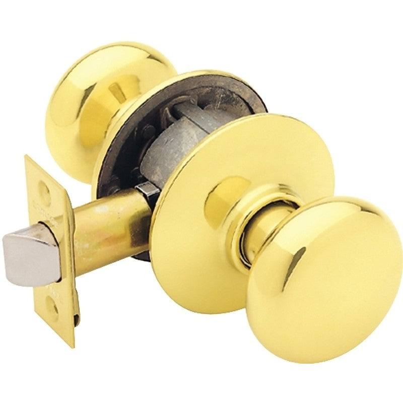 Schlage F Series F10VPLY605 Passage Knob, Plymouth, 2-3/4 in Dimensions, Metal, Bright Brass, Reversible Hand