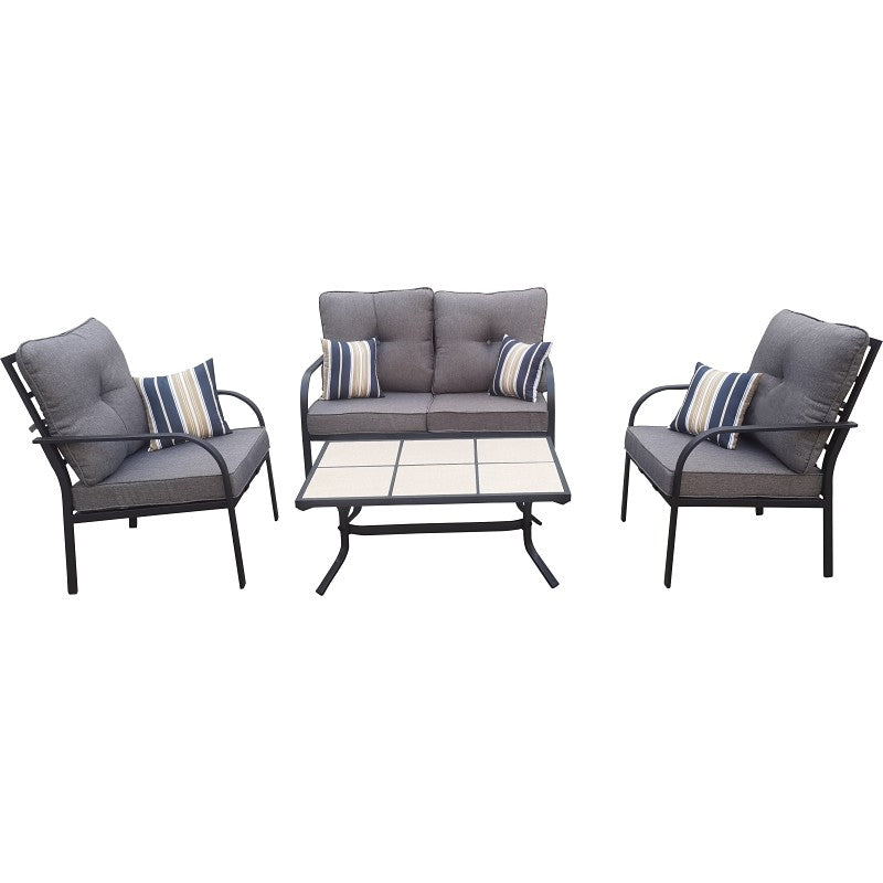 Seasonal Trends 59665 Casual Patio Conversation Set, Steel, Fabric, and Tile, Multi, Matte black, 4-Piece
